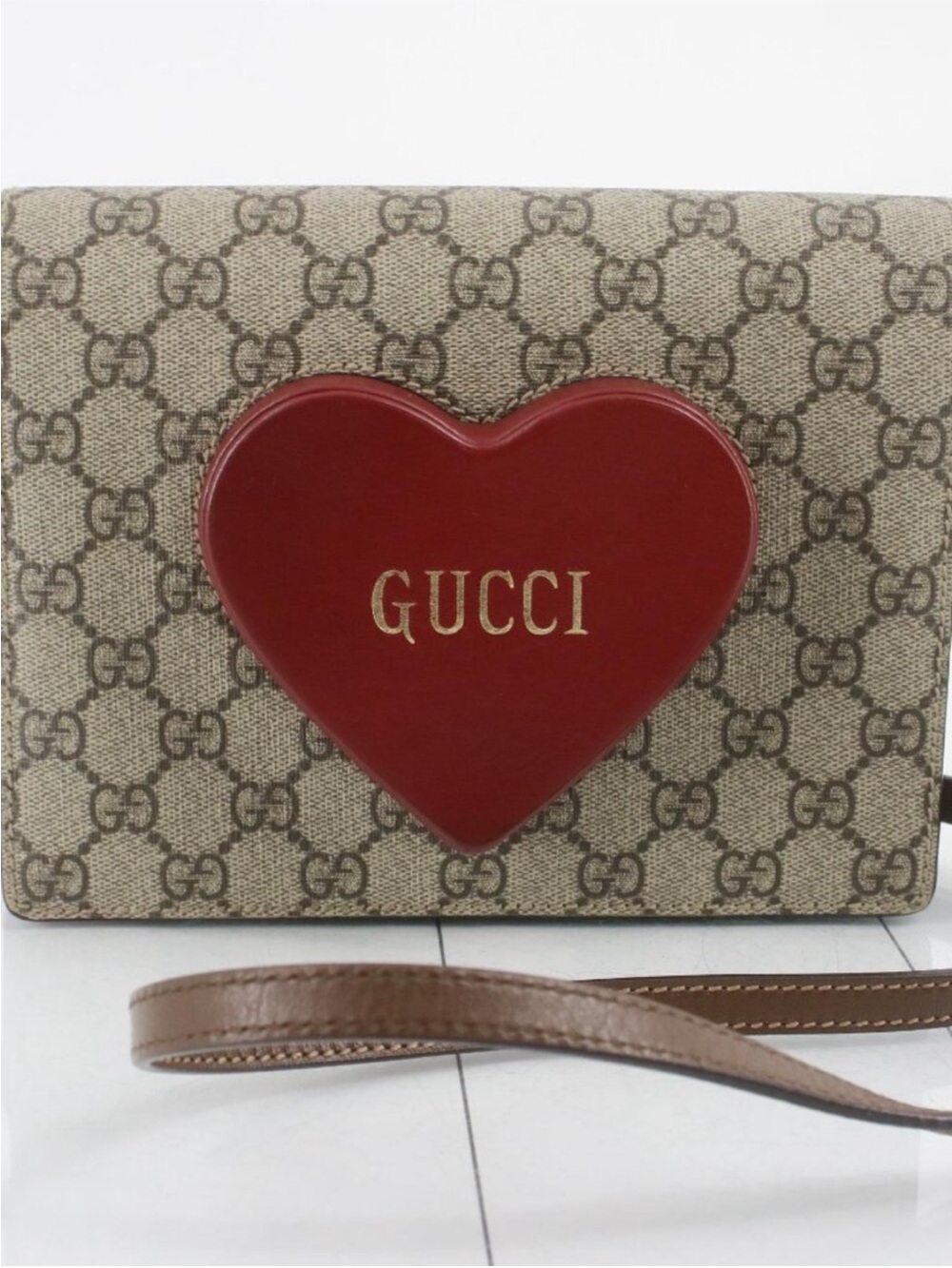 Gucci Beige Monogram Crossbody with Red Heart design